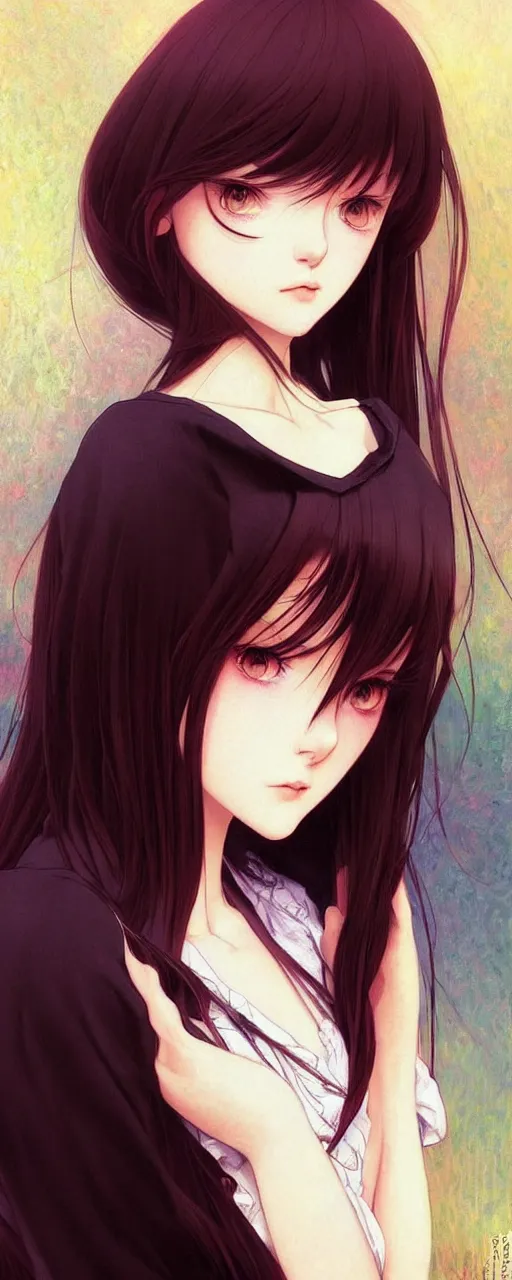 Image similar to a beautiful youth teenage depressed ocd psychotic popular girl in school struggling with morbid thoughts realized, angry eyes, soft skin, magnificent art by ilya kuvshinov, claude monet, range murata, artgerm, norman rockwell, highly detailed intricately sharp focus, bedroom eyes trending on pinterest, tiktok 4 k uhd image