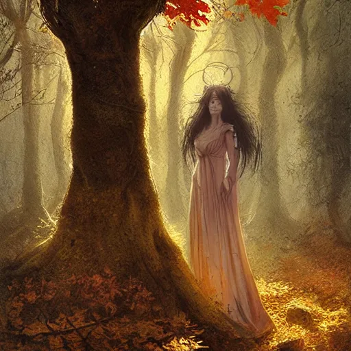 Prompt: portrait of a dryad in a forest of fey autumn maples by greg rutkowski and brian froud dark mysterious, filtered evening light