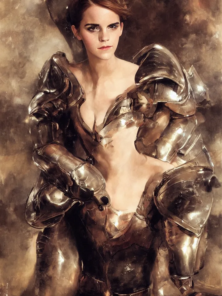 Image similar to close up of emma watson in full leather armor, cinematographic shot, alexander averin and delphin enjolras and daniel f. gerhartz