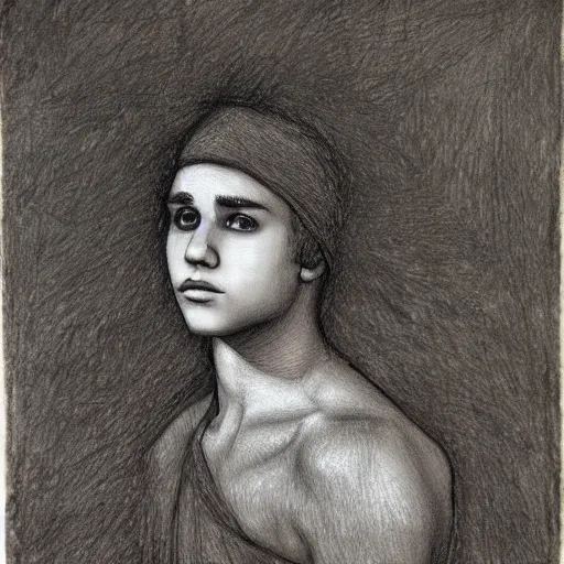 Prompt: drawing of justin bieber by leonardo da vinci, assemblage, charcoal illustration, engraving,