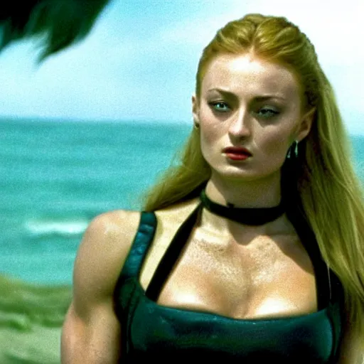 Prompt: still of muscular sophie turner in the beastmaster ( 1 9 8 2 ), high resolution