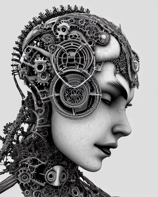 Image similar to mythical black and white organic bio-mechanical spinal ribbed profile face portrait detail of mechanical beautiful female angelic-vegetal-cyborg, highly detailed, intricate steampunk ornate, poetic, 3D render, digital art, octane render, 8K artistic photography, photo-realistic, by Dora Maar