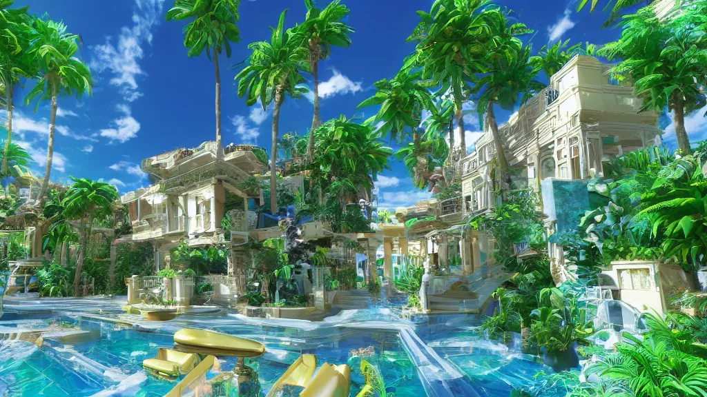 Image similar to golden mansion in a vaporwave jungle, 4k, ultra realistic, award winning photograph