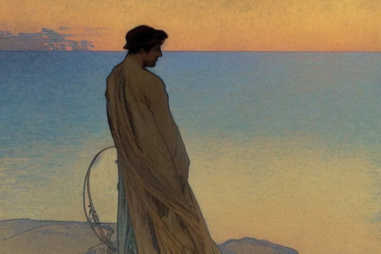 Prompt: a matte painting of a man watching the sunset by the beach, by alphonse mucha, muted colors