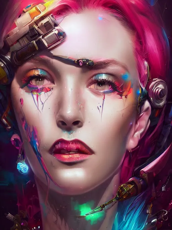 Image similar to a digital art portrait of Jinx from League of Legends,by tristan eaton,Stanley Artgermm,Tom Bagshaw,Greg Rutkowski,Carne Griffiths,trending on pinterest,face enhance,Cyberpunk,chillwave,maximalist,full of color,glittering