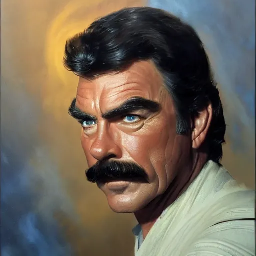 Image similar to ultra realistic portrait painting of tom selleck as anakin skywalker, art by frank frazetta, 4 k, ultra realistic, highly detailed, epic lighting