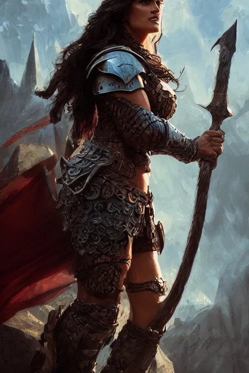 Prompt: portrait, Salma Hayek , barbarian , dressed in leather armor, face portrait, raphael lacoste, eddie mendoza, alex ross, concept art, matte painting, highly detailed, rule of thirds, dynamic lighting, cinematic, detailed, denoised, centred