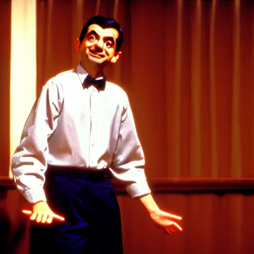 Image similar to mr. bean as baby houseman from dirty dancing. movie still. cinematic lighting.