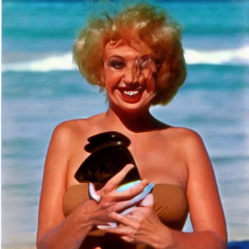 Prompt: 1981 woman on tv show wearing a happy squishy inflatable prosthetic mask, soft color wearing a swimsuit at the beach 1981 color film 16mm holding a an inflatable fish Fellini John Waters Russ Meyer Doris Wishman old photo