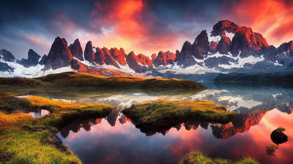 Image similar to amazing landscape photo of mountains with lake in sunset by marc adamus, beautiful dramatic lighting