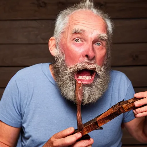 Prompt: crazy old deprived bearded man desperately devouring heaven key candles