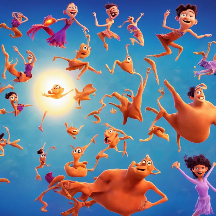 Prompt: full body shot of dancers dancing on the clouds, 3 d animated pixar!! illumination studios animated movie by pete docter, extremely happy smiling and eerie smiles, slimy fluid liquid