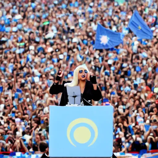 Image similar to Lady Gaga as president, Argentina presidential rally, Argentine flags behind, bokeh, giving a speech, detailed face, Argentina