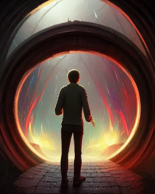 Prompt: back view of a man walking through an interdimensional warp gate | a magical round gate | dreamy | ethereal | digital art by greg rutkowski and dan mumford | highly detailed | trending on artstationhq