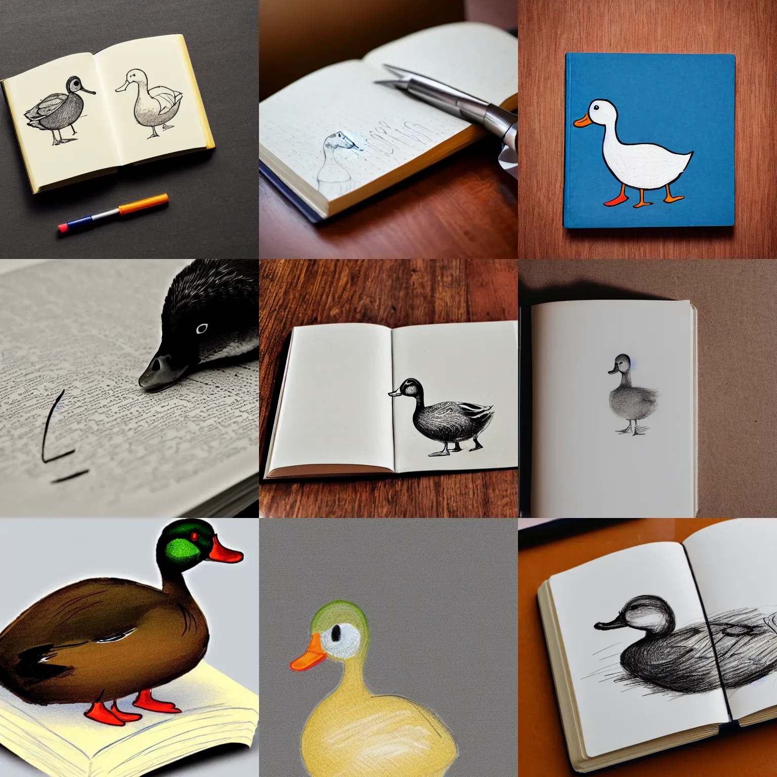 Prompt: a simple scribbling of a duck on the page of a book