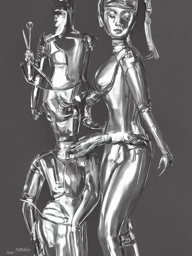 Image similar to a Royal portrait of chrome android woman as illustrated by Nikolai Lutohin. 1971