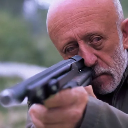 Image similar to Film still of Mike Ehrmantraut aiming with a !!!sniper rifle!!!, 4k, !!highly detailed!!