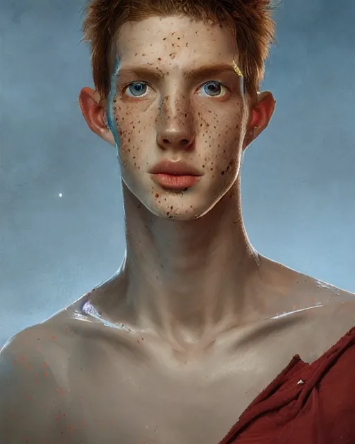 Image similar to portrait of tall, thin, 1 5 - year - old boy with a long nose, a lot of freckles, fiery red hair, and bright blue eyes, hyper realistic face, beautiful eyes, fantasy art, in the style of greg rutkowski, intricate, hyper detailed, smooth