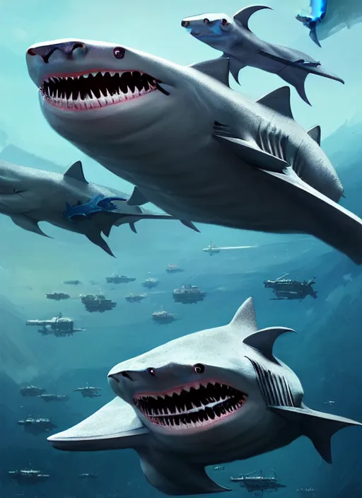 Image similar to epic futuristic baby shark war machine highly detailed, digital painting, concept art, smooth, sharp focus, illustration, art by greg rutkowski