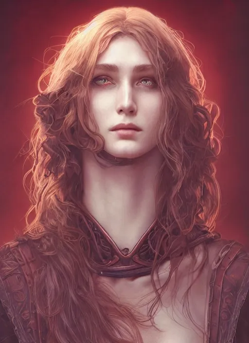 Image similar to vertical portrait of a ruggedly handsome female cleric, soft hair, close - up face, leather, witchy, d & d, fantasy, intricate, elegant, highly detailed, digital painting, artstation, concept art, smooth, sharp focus, illustration, art by artgerm and greg rutkowski and alphonse mucha, plain red background