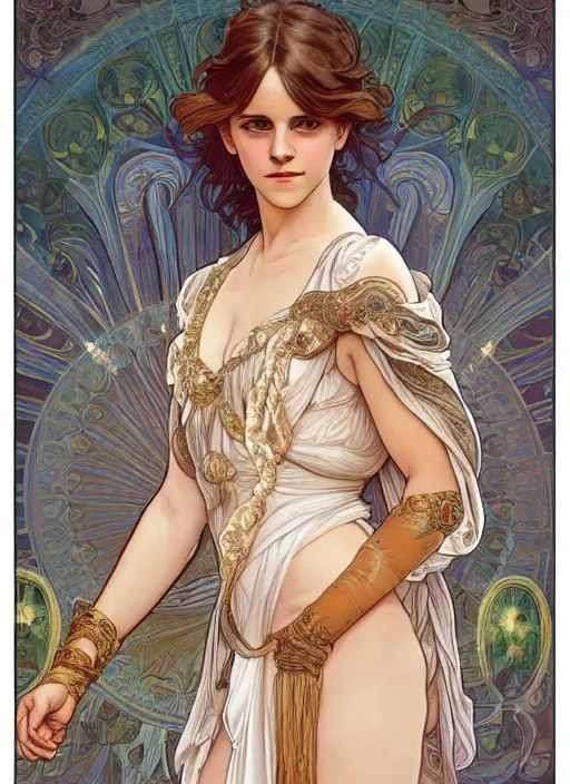 Prompt: Emma Watson as God of Beautifully, full body shot, cute, fantasy, intricate, elegant, highly detailed, digital painting, 4k, HDR, concept art, smooth, sharp focus, illustration, art by alphonse mucha,artgerm, H R Giger