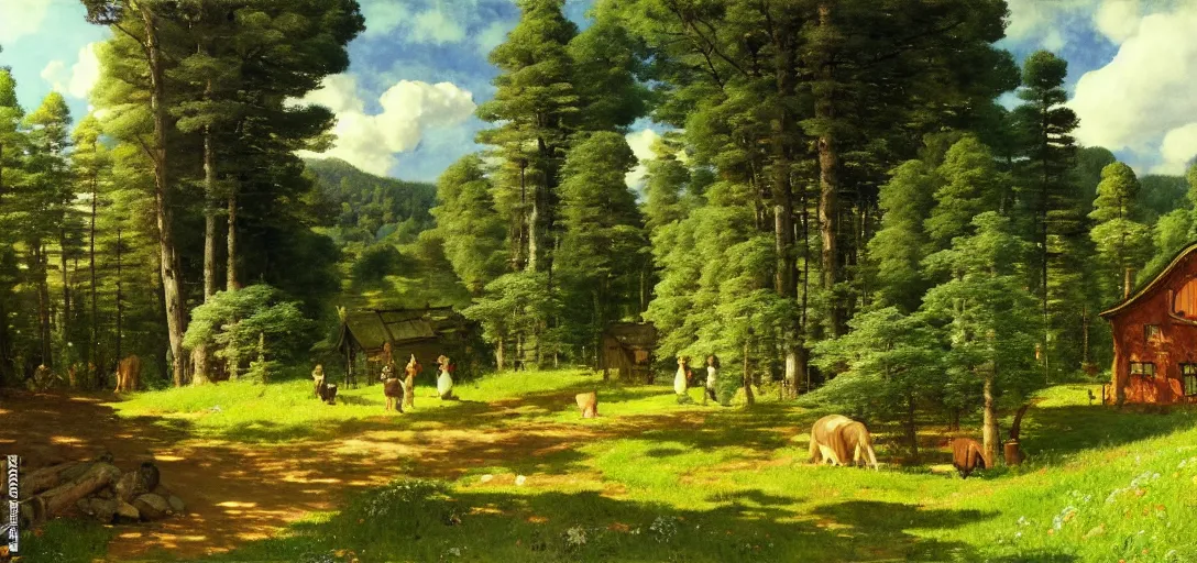 Image similar to ghibli illustrated background of strikingly beautiful swedish farm, the feales and forests in the background by vasily polenov, eugene von guerard, ivan shishkin, albert edelfelt, john singer sargent, albert bierstadt 4 k