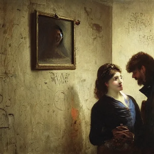 Image similar to a young man and a young woman solving an escape room puzzle, mysterious markings on the wall, by alfred stevens