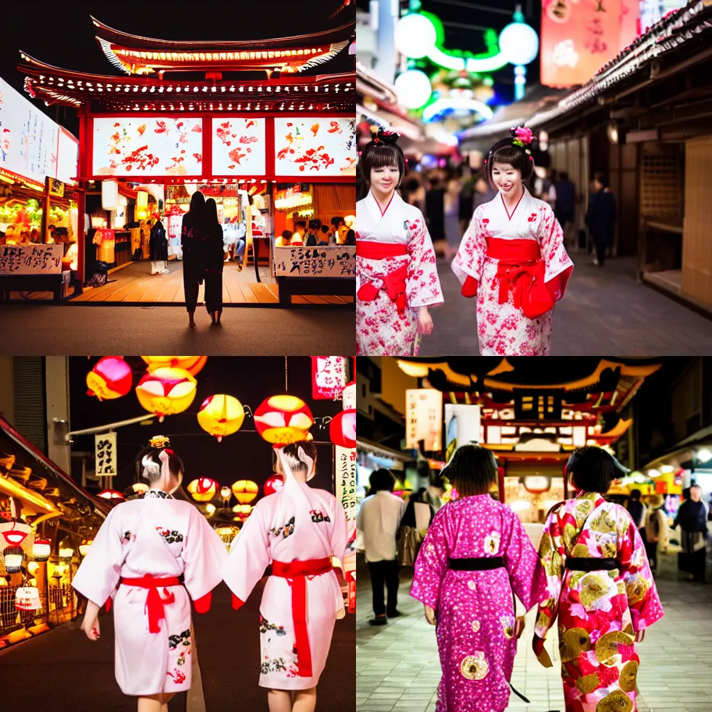 Prompt: two kittens wearing yukatas, walking in front of matsuri food stands 4k, glowing lights, sharp focus, DSLR