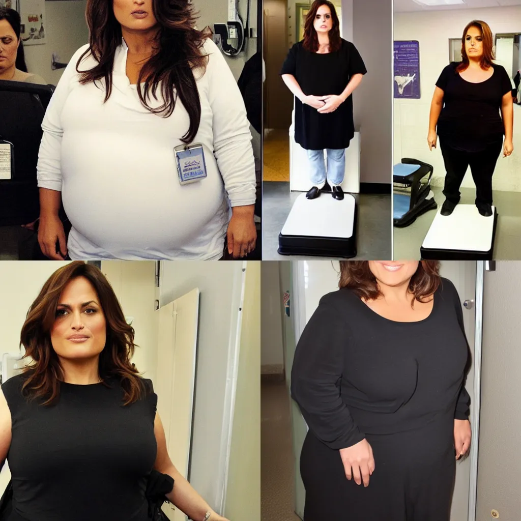 Prompt: mordbidly obese mariska hargitay standing on a weighing scale, extremely fat, doctors office