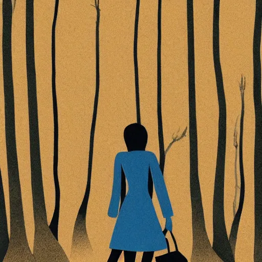 Prompt: woman walking through forest, broken proportions illustration