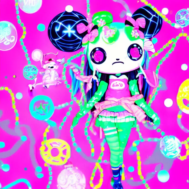 Image similar to cybergoth decora glitchcore yokai girl, sanrio ornaments, pastel cute cinematography