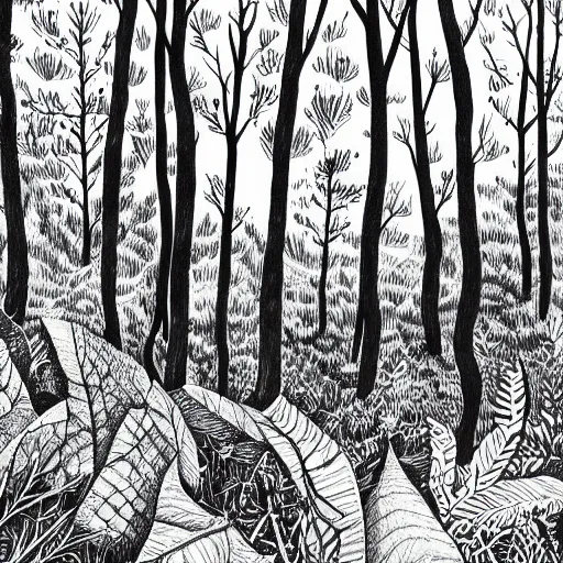 Image similar to bright forest illustration, 4k detailed, black ink on white paper, dark fantasy, white space in middle