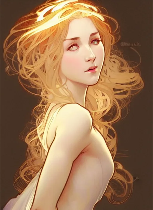 Image similar to digital character concept art by artgerm and alphonse mucha. clear portrait of a shy modern wife blessed by god to grow immaculately fertile and perfect!! blonde, in clothes! holy body! light effect. hyper detailed, glowing lights!! intricate, elegant, digital painting, artstation, smooth, sharp focus