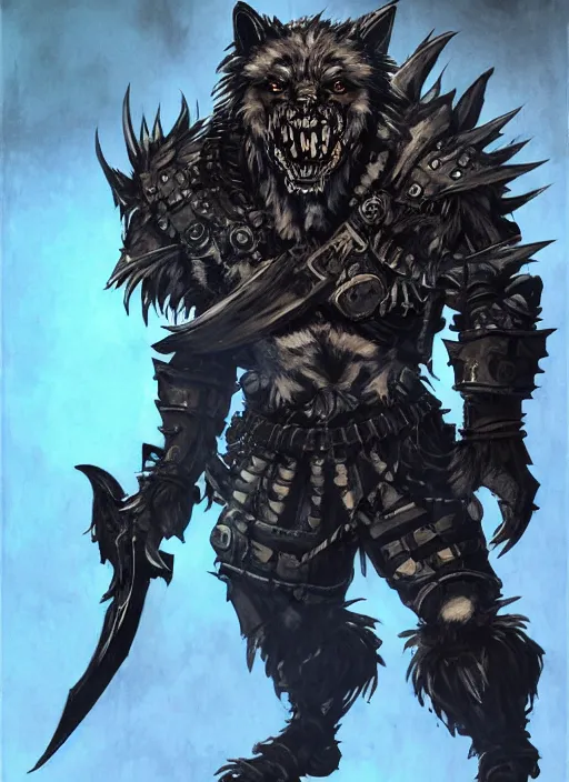 Prompt: Full body portrait of a scary gnoll wolf man. Armour made of human skulls. Giant War Scythe. Glowing blue eyes In style of Yoji Shinkawa and Hyung-tae Kim, trending on ArtStation, dark fantasy, great composition, concept art, highly detailed.