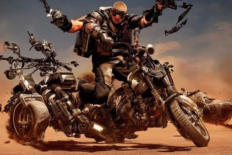 Image similar to mad max riding his interceptor in space, fighting mutants on space bikes, action - scene, very detailed, high octane