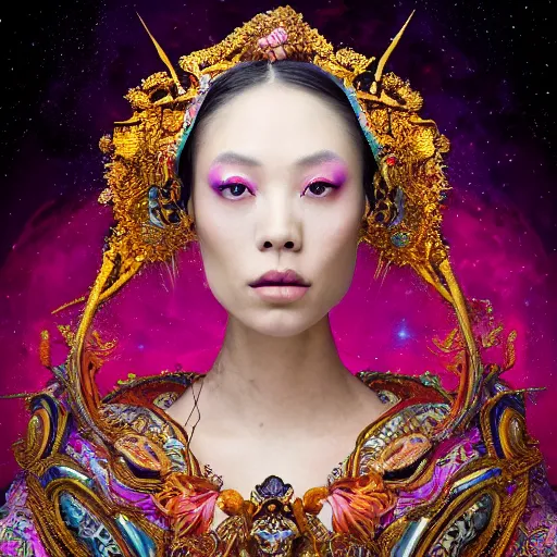 Image similar to a beautiful empress portrait, with a brilliant, impossible striking big cosmic galaxy headpiece, clothes entirely made out of cosmos chaos energy, symmetrical, dramatic studio lighting, rococo, baroque, jewels, asian, hyperrealism, closeup, D&D, fantasy, intricate, elegant, highly detailed, digital painting, artstation, octane render, 8k, concept art, matte, sharp focus, illustration, art by Artgerm and Greg Rutkowski and Alphonse Mucha