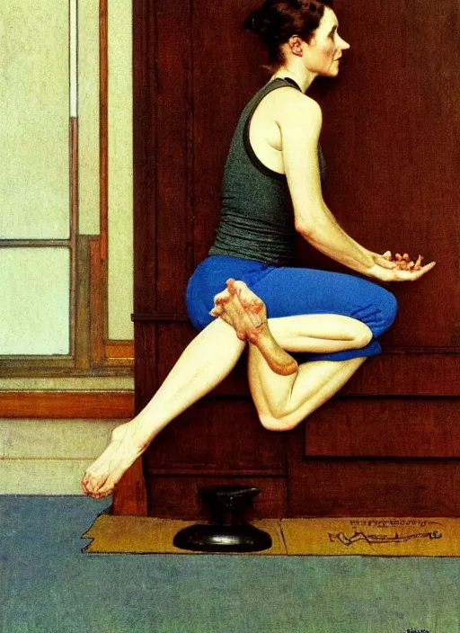 Prompt: an art nouveau girl doing yoga by norman rockwell and edward hopper