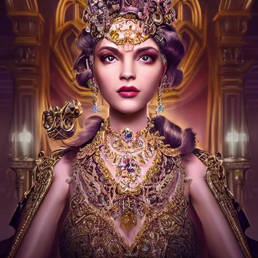 Image similar to portrait of pretty princess with perfect skin, glowing, ornate and intricate diamond jewelry, jaw dropping beauty, ornate and intricate backdrop, white accent lighting, hyper detailed, 4 k octane render