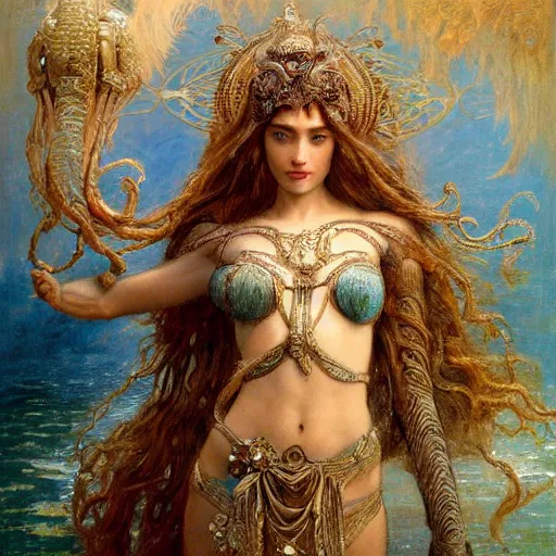 Image similar to intricate detail, hyper detail, by gaston bussiere, bayard wu, greg rutkowski, h. r. giger, greg rutkowski, sandro botticelli, lady of elche, techno mystic goddess princess intergalactica, goddess inanna, ashteroth, with aqua rapunzel dreadlocks, mami wata, detailed, masterpiece, sharp focus,