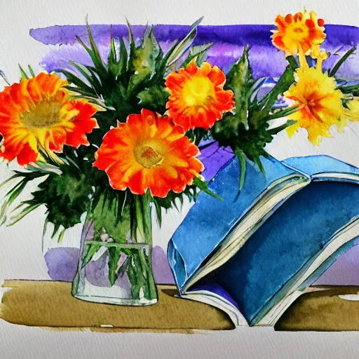 Prompt: watercolor painting of flowers with books