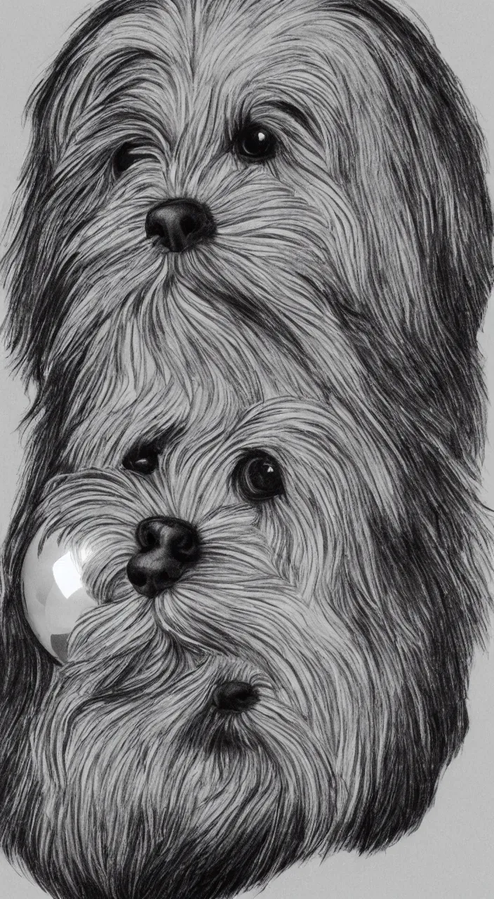 Image similar to self - portrait of a havanese dog reflected in a chrome sphere, by m c escher pen and paper