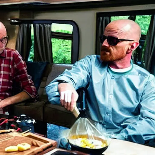 Prompt: walter white and jessie pinkman cooking meth in their rv,