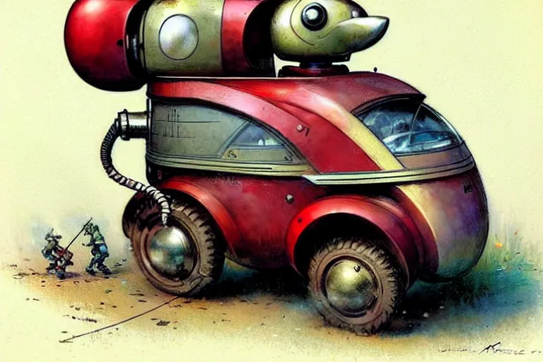 Image similar to adventurer ( ( ( ( ( 1 9 5 0 s retro future robot android mouse rv rocket wagon robot. muted colors. ) ) ) ) ) by jean baptiste monge!!!!!!!!!!!!!!!!!!!!!!!!! chrome red