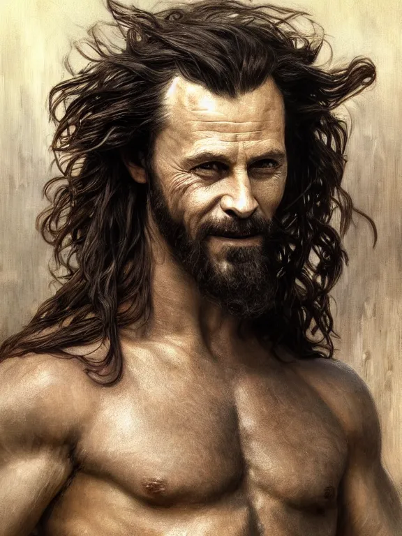 Prompt: painted portrait of rugged loki, god of trickery, norse god, black luscious hair, masculine, mature, handsome, upper body, grey and silver, muscular, fantasy, intricate, muscular, elegant, highly detailed, digital painting, artstation, concept art, smooth, sharp focus, illustration, art by gaston bussiere and alphonse mucha