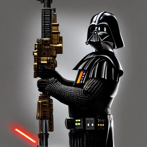 Prompt: hyperrealistic portrait of gothic cyberpunk darth vader holding a golden ak 4 7, 4 k, highly detailed, beautifully rendered