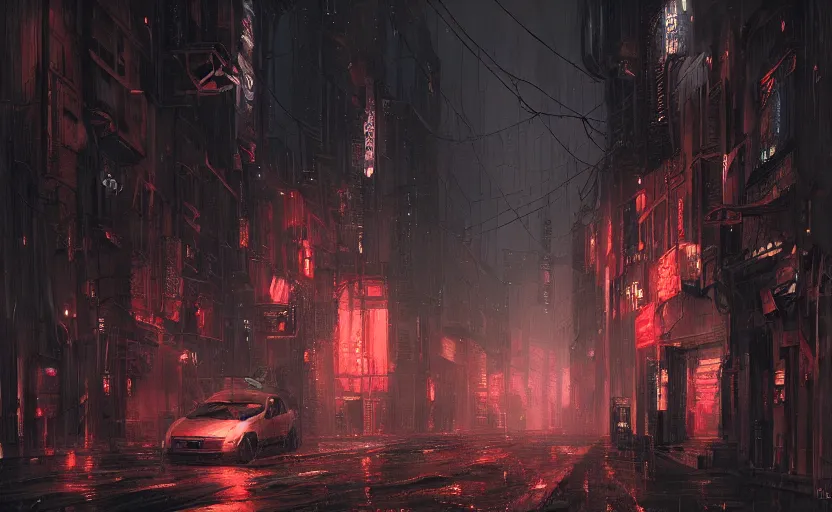Prompt: dark street in a cyberpunk metropolis, heavy rain, by William-Adolphe Bouguerea, Jordan grimmer, fractal flame. Highly_detailded