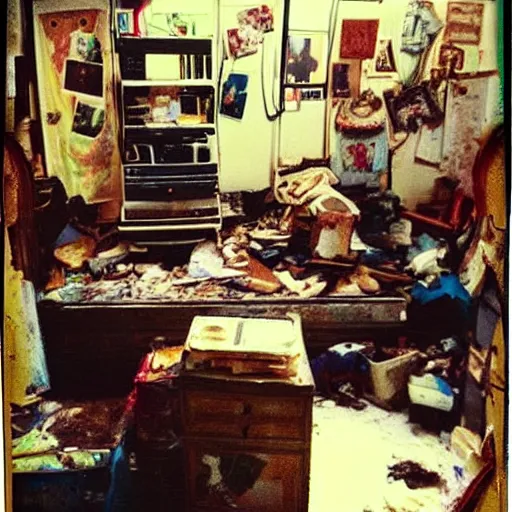 Image similar to messy house in the compulsive hoarder style, polaroid photo, perfect photo, photo pinterest