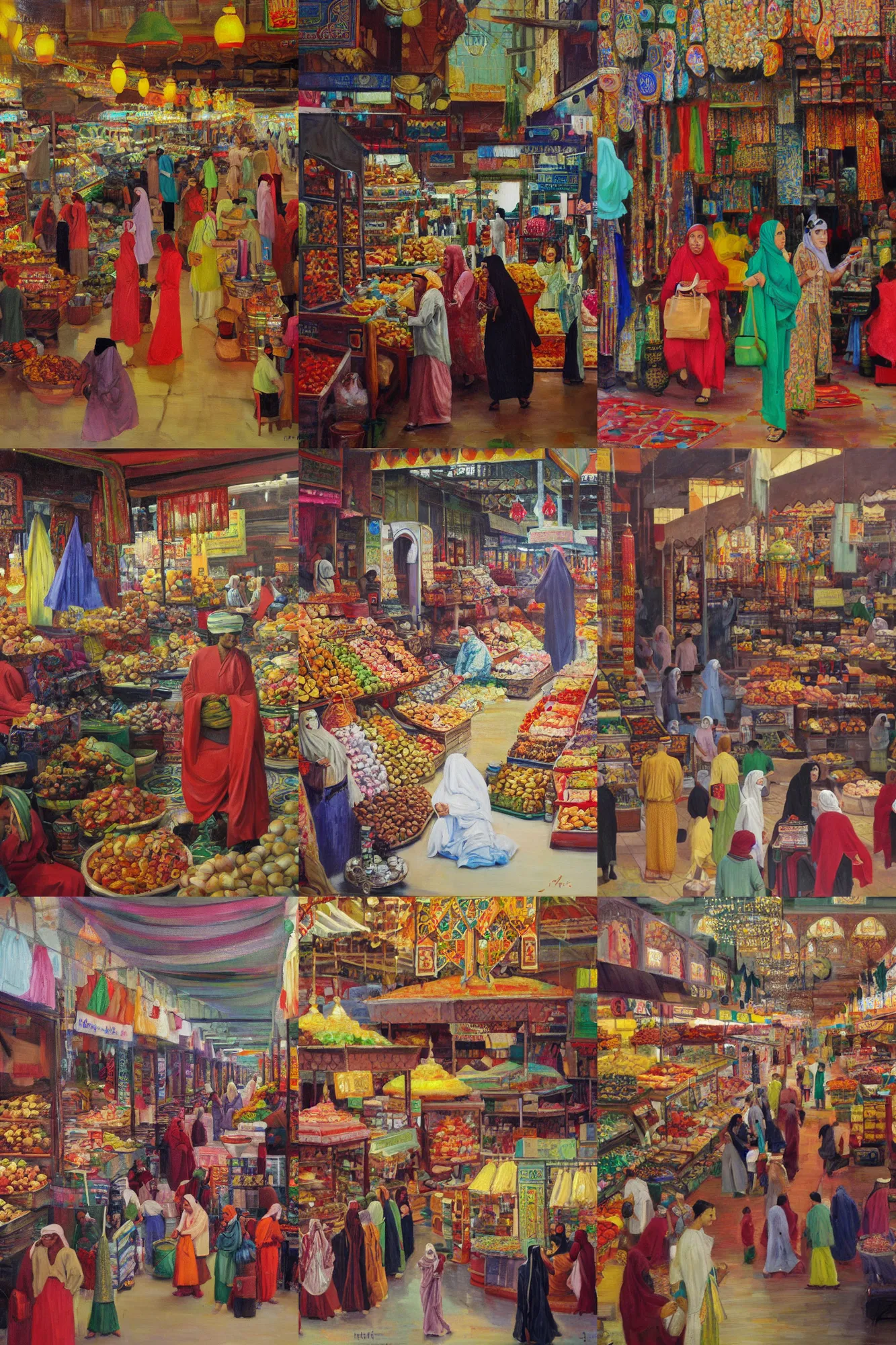 Prompt: inside an arabian market bazaar, hauting, oil on canvas,