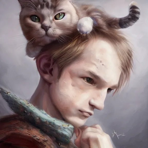 Image similar to boy with cat ears and tail, fantasy artwork, award winning, oil on canvas, hyper detailed, very very very very beautiful!, studio lighting, artstation