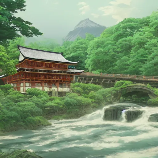 Image similar to concept art painting of a historic mill with japanese architecture, by a river in a woodland village surrounded by trees and mountains, realistic, detailed, cel shaded, in the style of makoto shinkai and greg rutkowski and james gurney